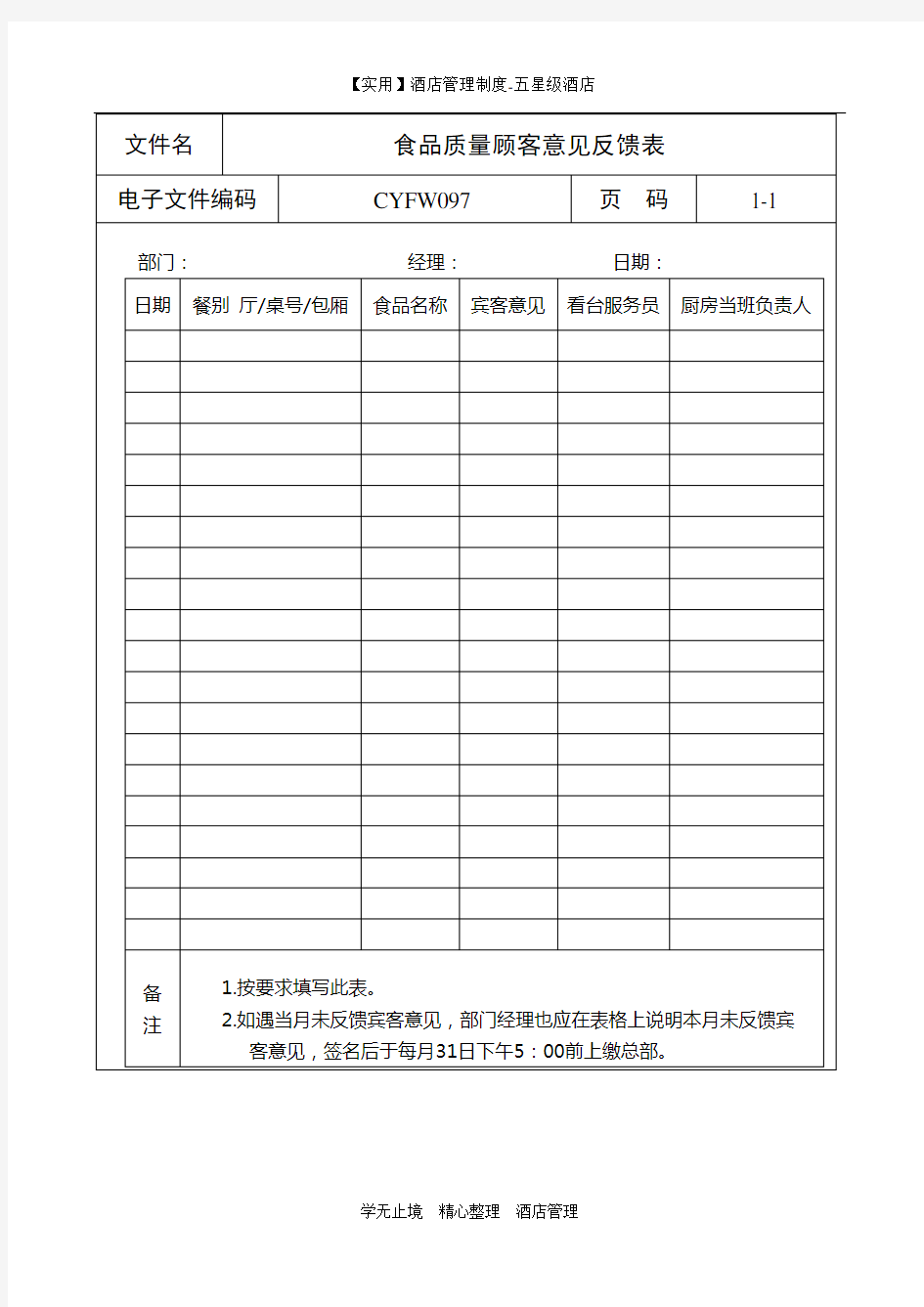 【实用】酒店管理-制度表格-食品质量顾客意见反馈表