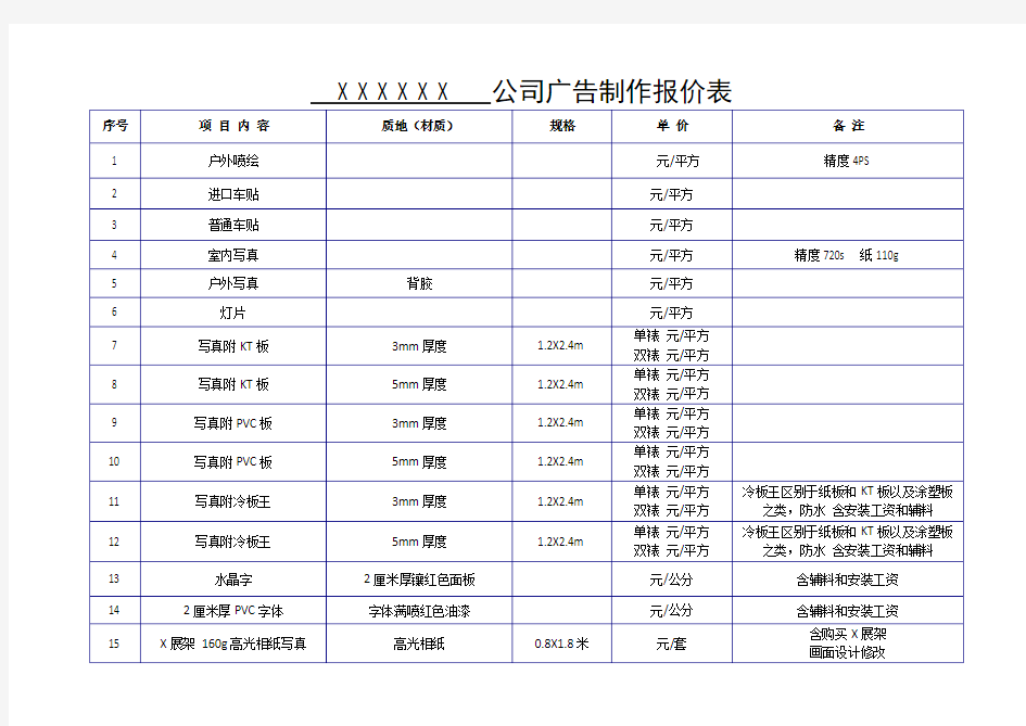 广告制作报价单模板说明