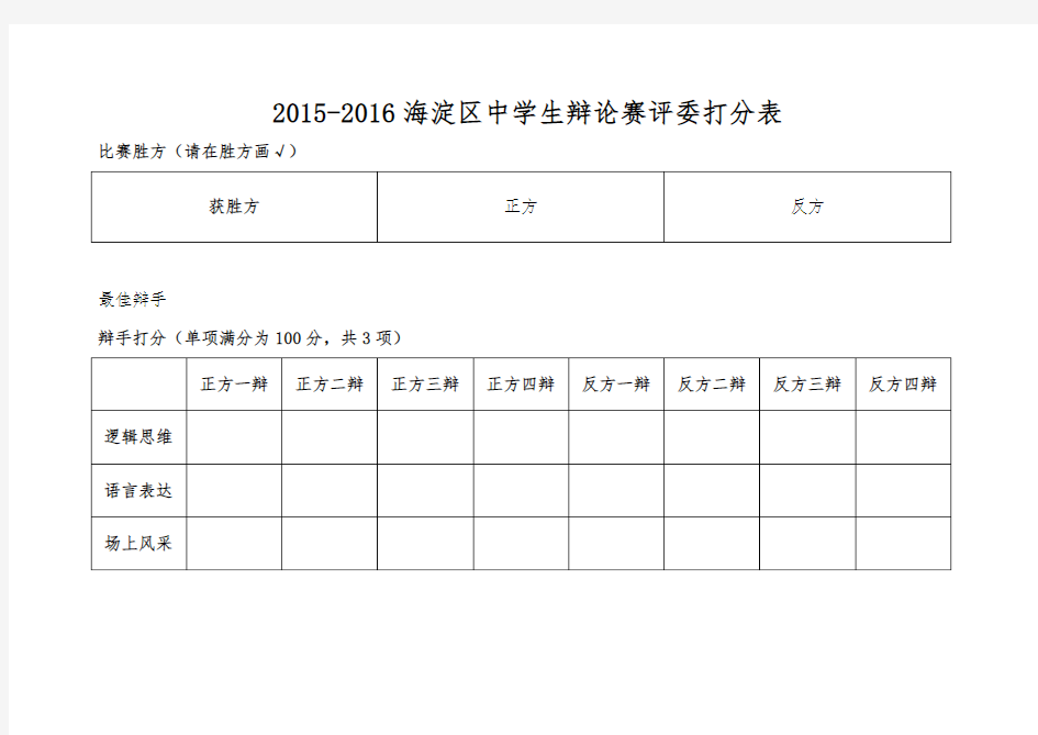 2015-2016海淀区中学生辩论赛评委打分表