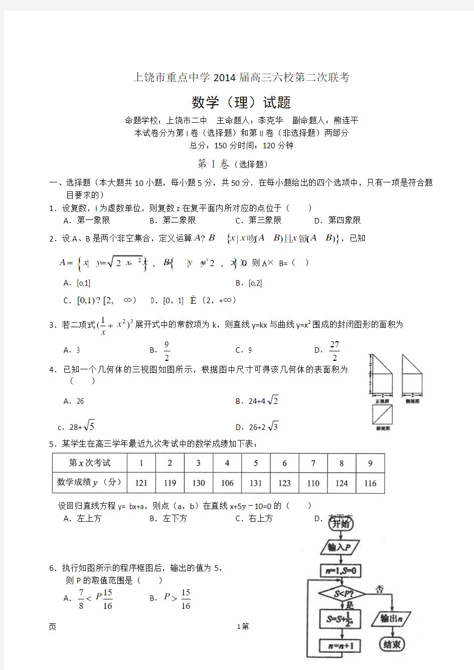 江西省上饶市重点中学2014届高三六校第二次联考数学理试题(word版)