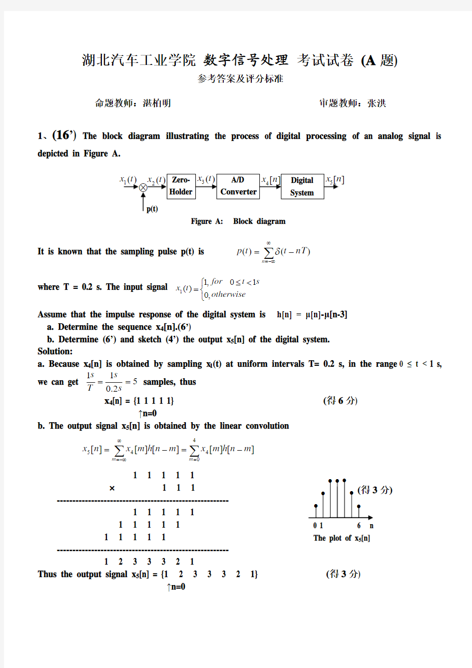 T5级数字信号处理(A)参考答案及评分标准