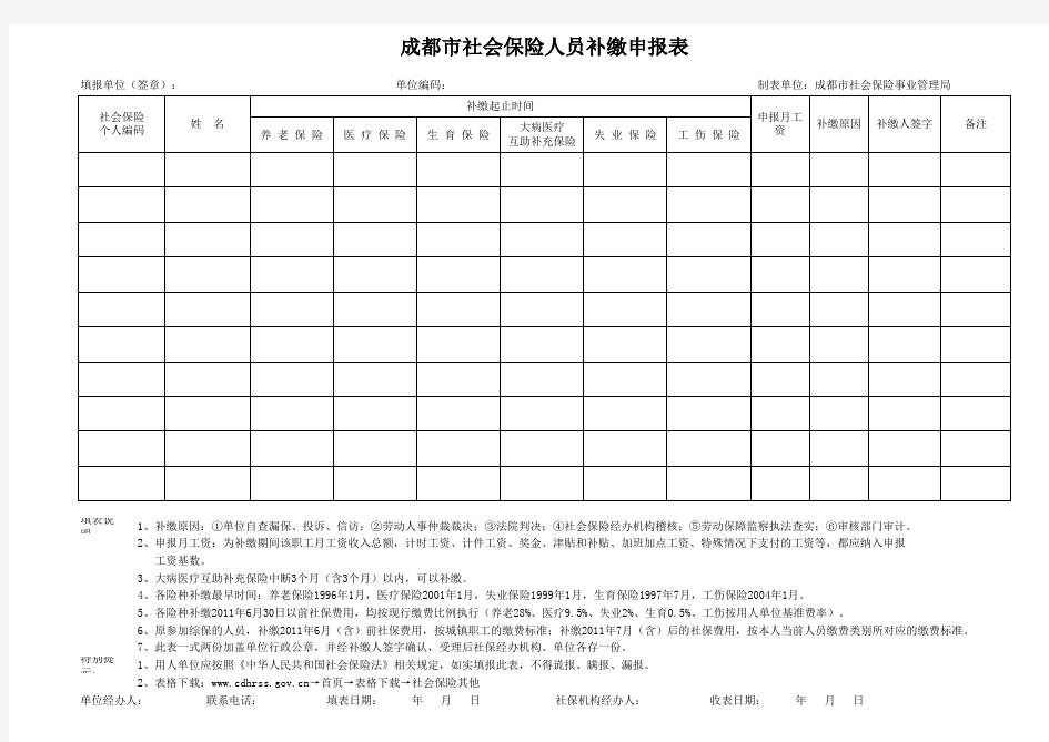 成都市社会保险人员补缴申报表