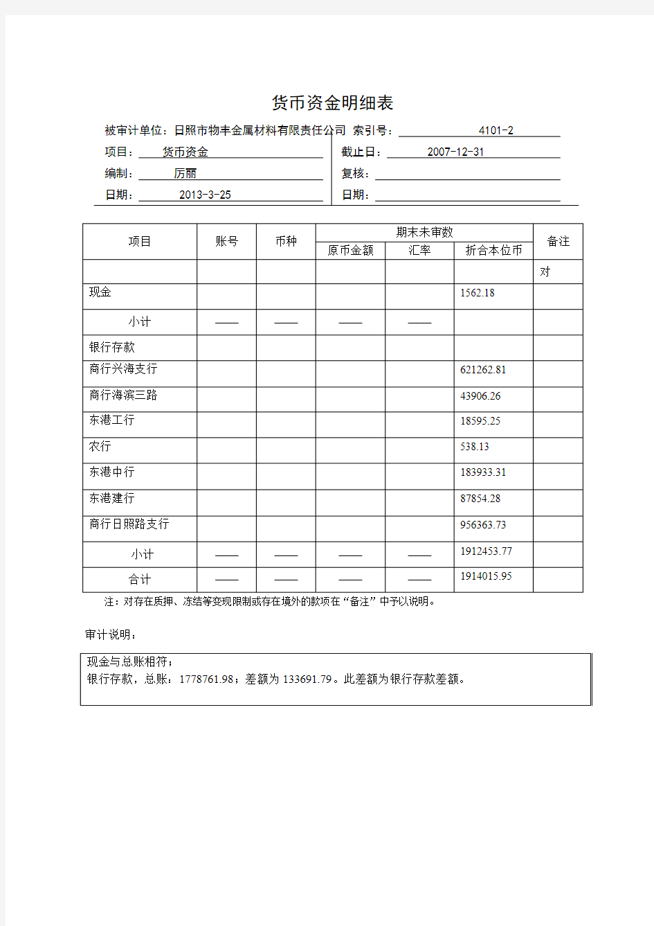 货币资金 明细表