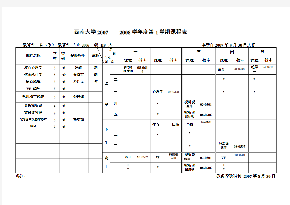 西南大学2007——2008学年度第1学期课程表