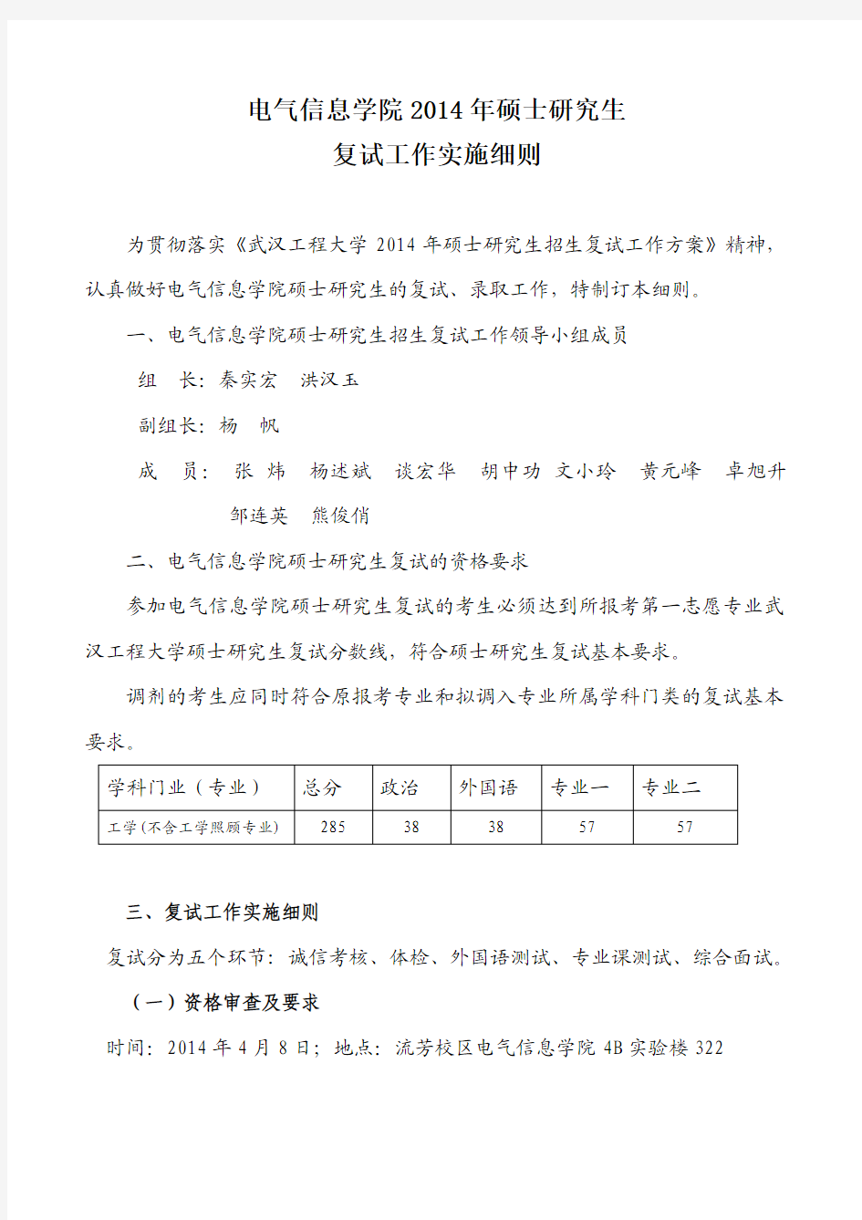 2014武汉工程大学年电气信息学院复试工作实施细则