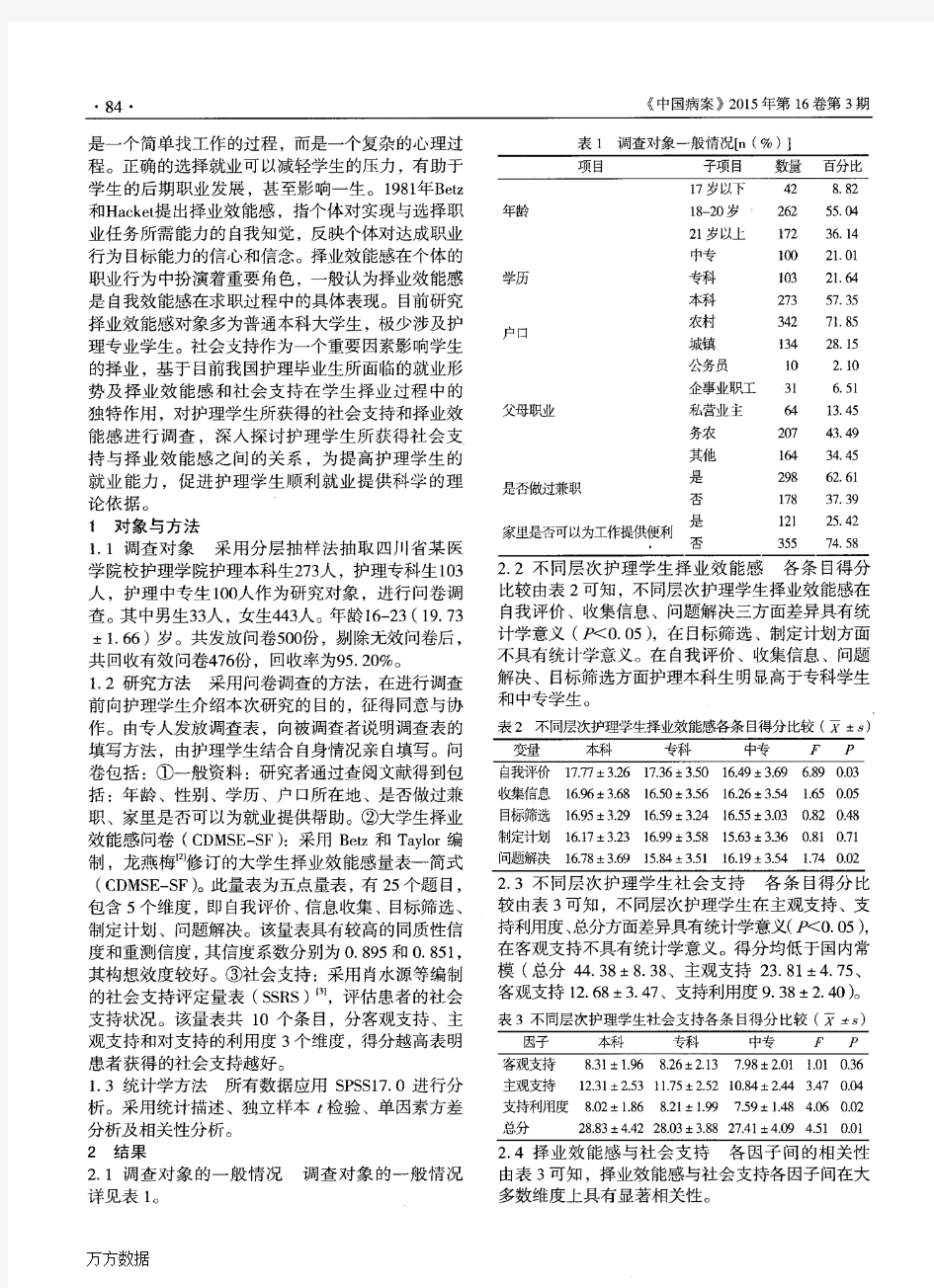 不同层次护理学生择业效能感与社会支持的相关性研究