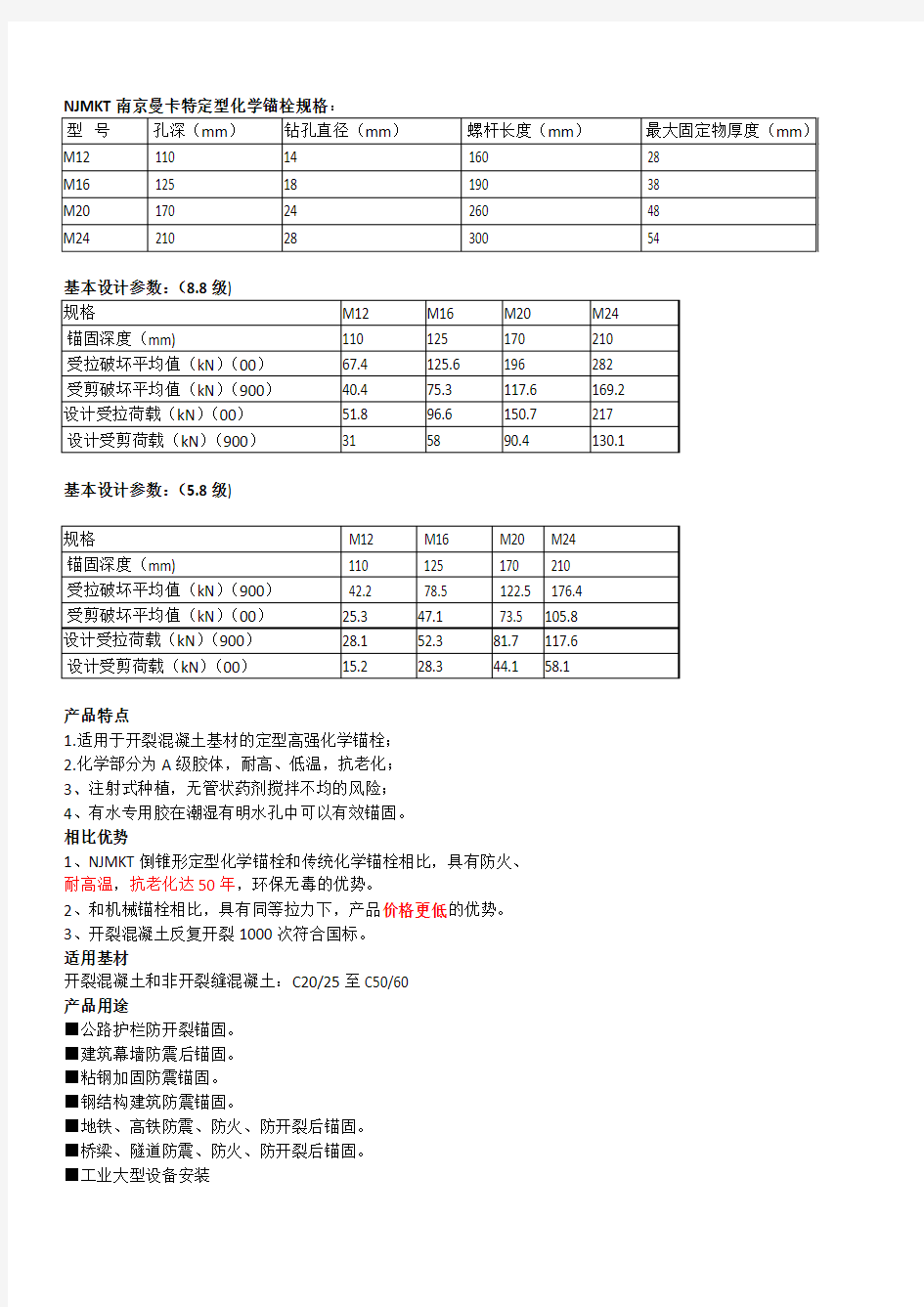 定型化学锚栓设计参考数据