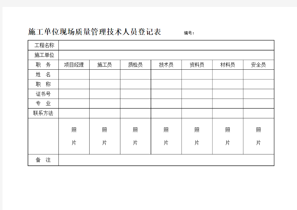 施工单位现场质量管理技术人员登记表