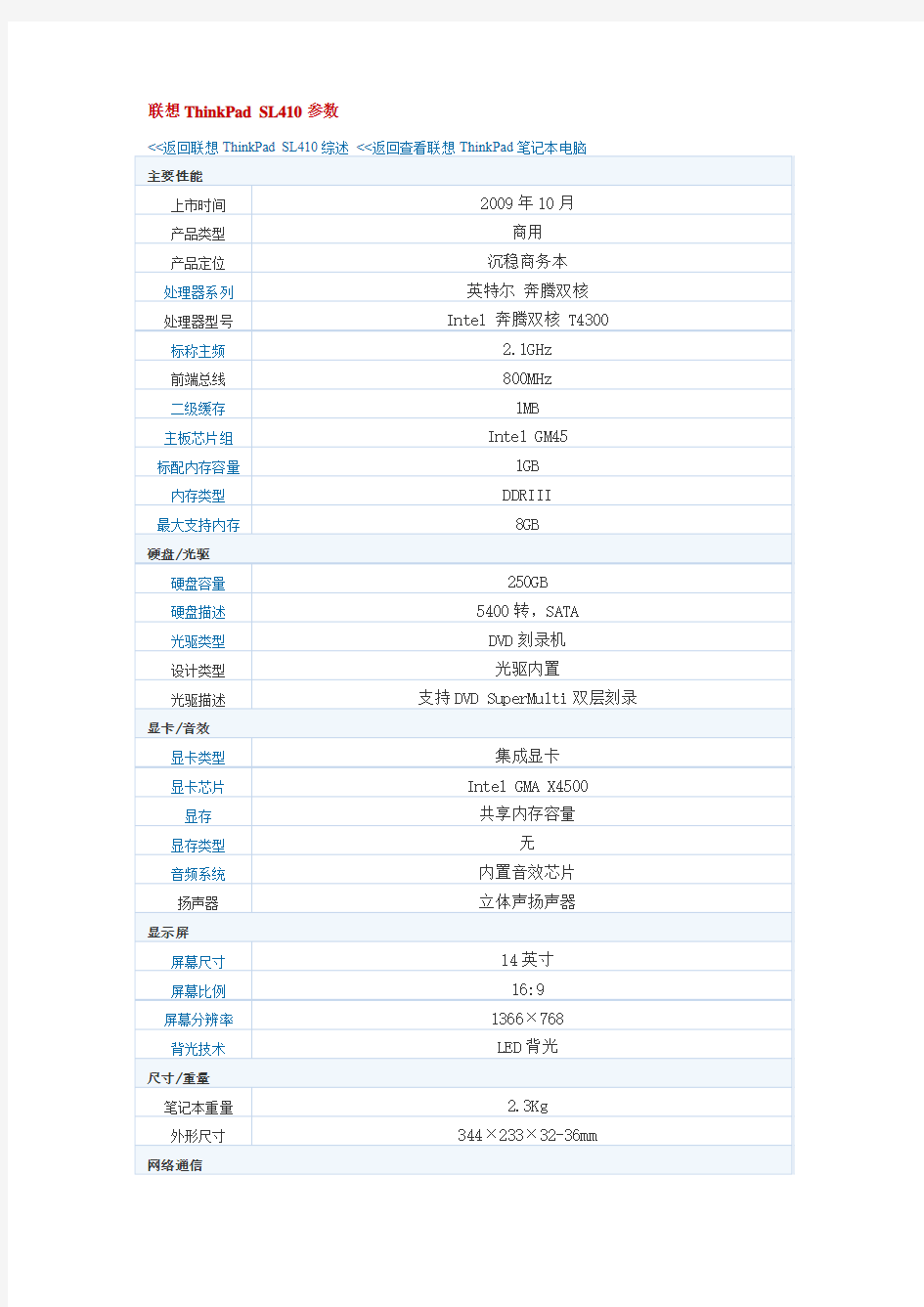 联想ThinkPad SL410参数
