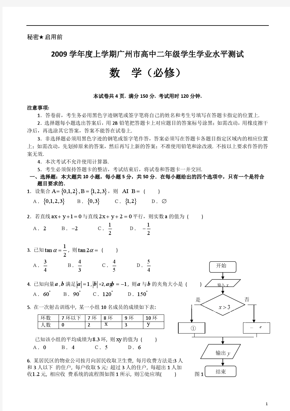 2009-2014年度上学期广州市高中二年级数学学生学业水平测试试题及答案汇编