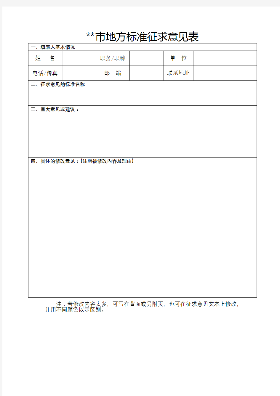 XX市地方标准征求意见表【模板】