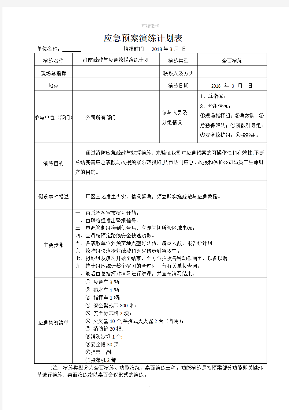 消防应急预案演练计划表