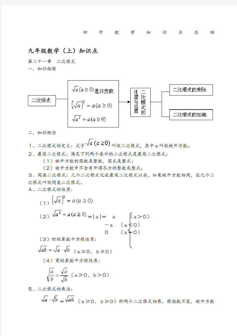 初中数学知识点及公式总结大全人教版 