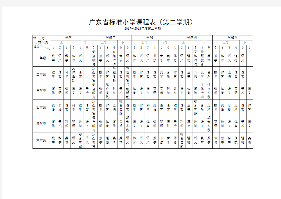 广东省标准小学课程表(第二学期)