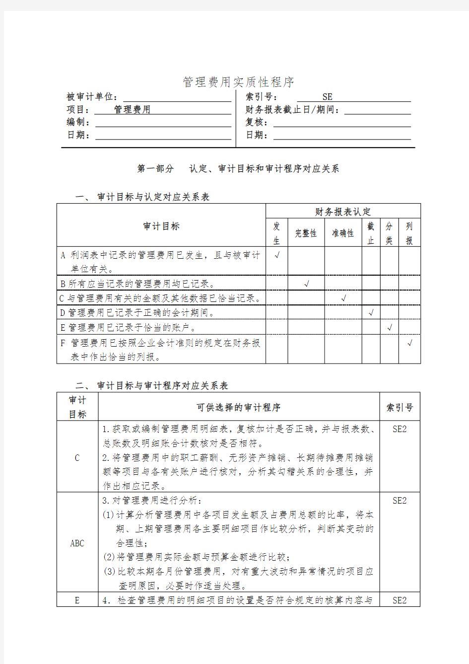 管理费用实质性程序分析表