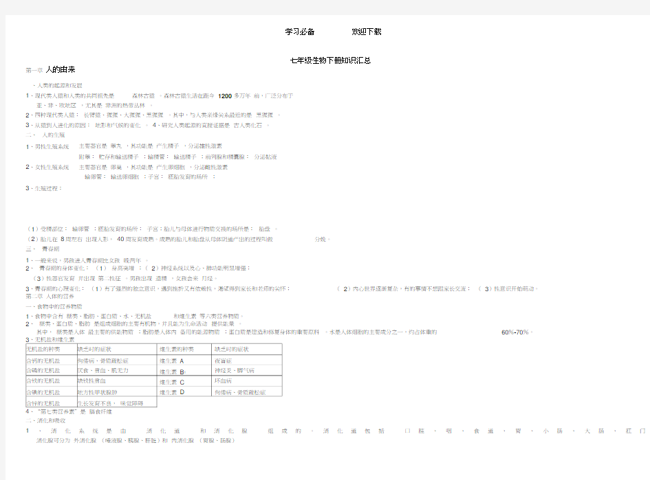 人教版七年级下册生物知识汇总