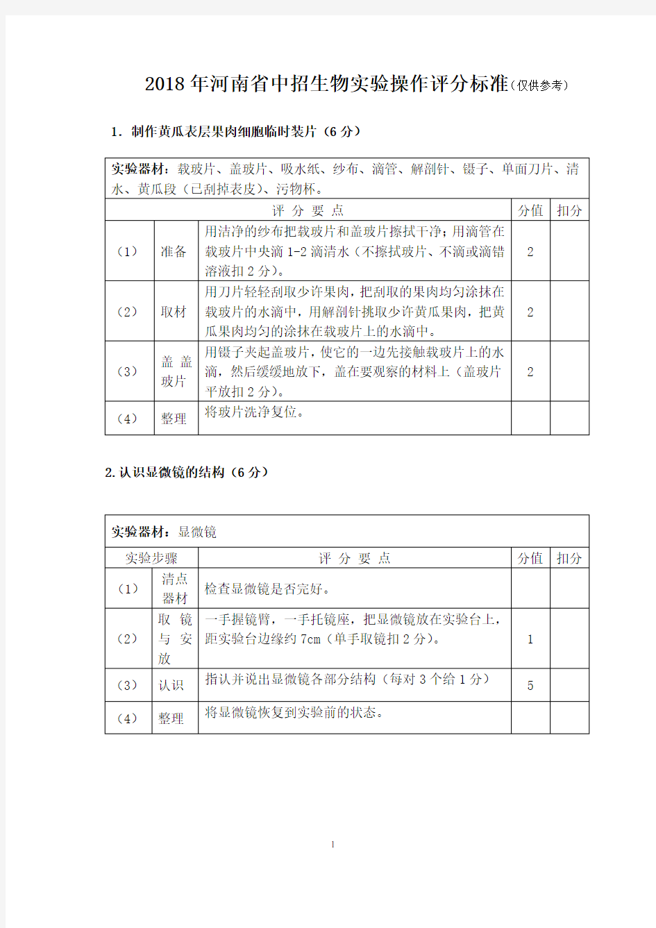 2018中考生物实验操作评分标准