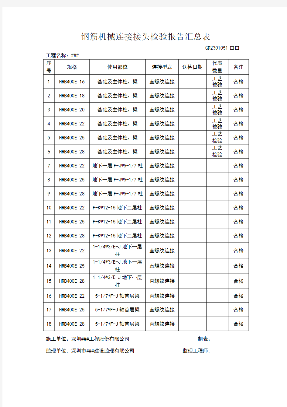 钢筋机械连接接头检验报告汇总表