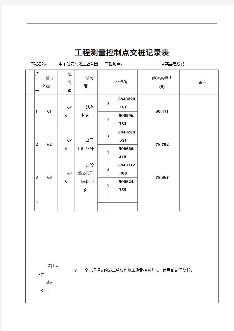 工程测量 控制点交桩记录表