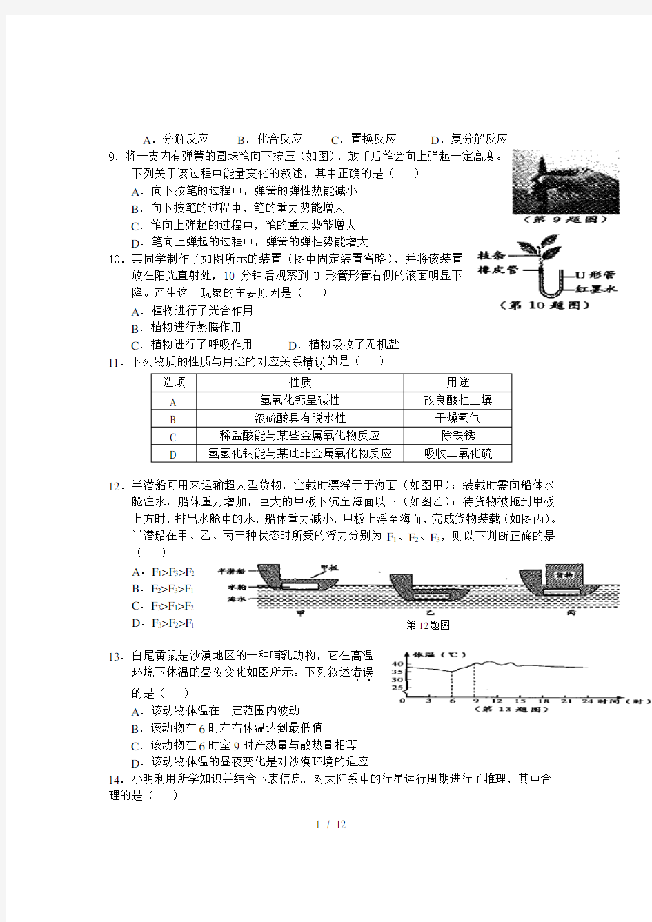 浙江省温州市2016年中考科学试卷Word版汇总