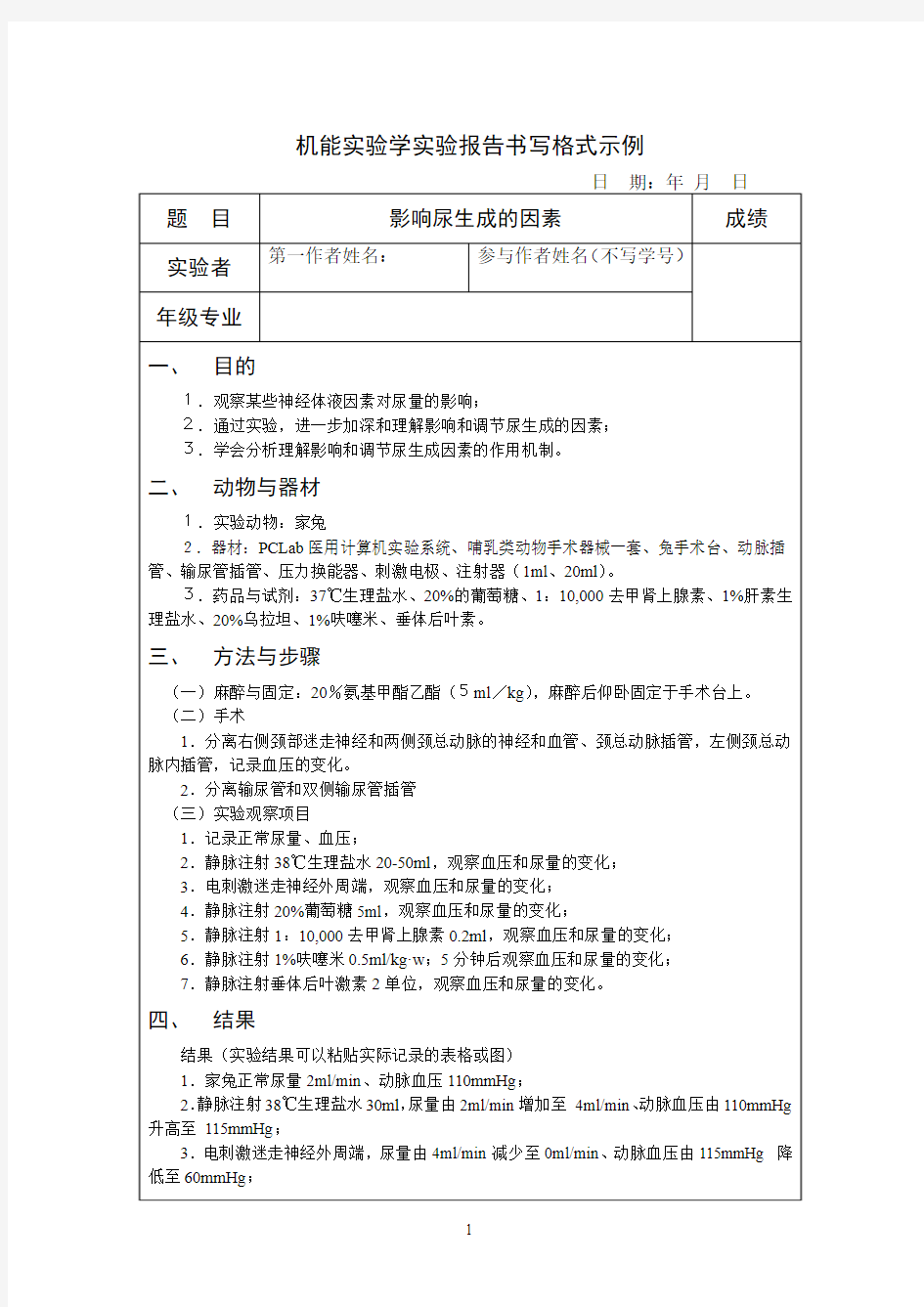 机能实验学实验报告影响尿生成的因素