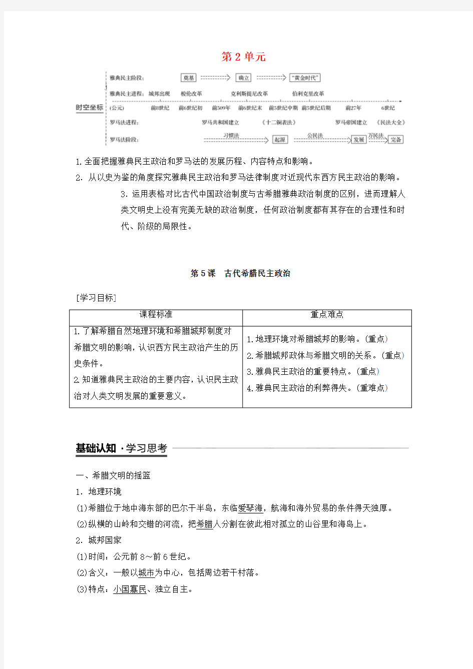 高中历史第2单元第5课古代希腊民主政治学案新人教版必修1