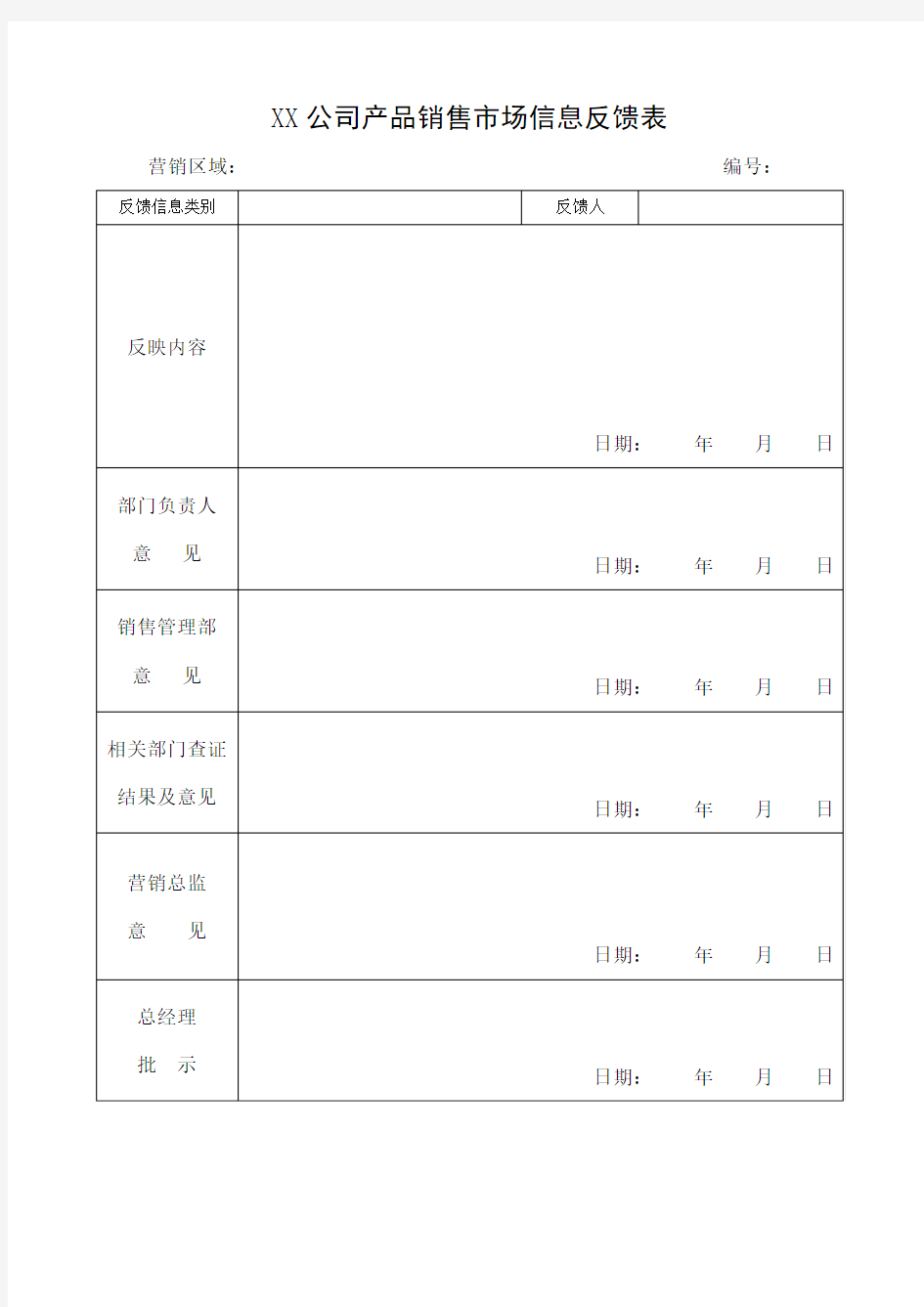 产品销售市场信息反馈表