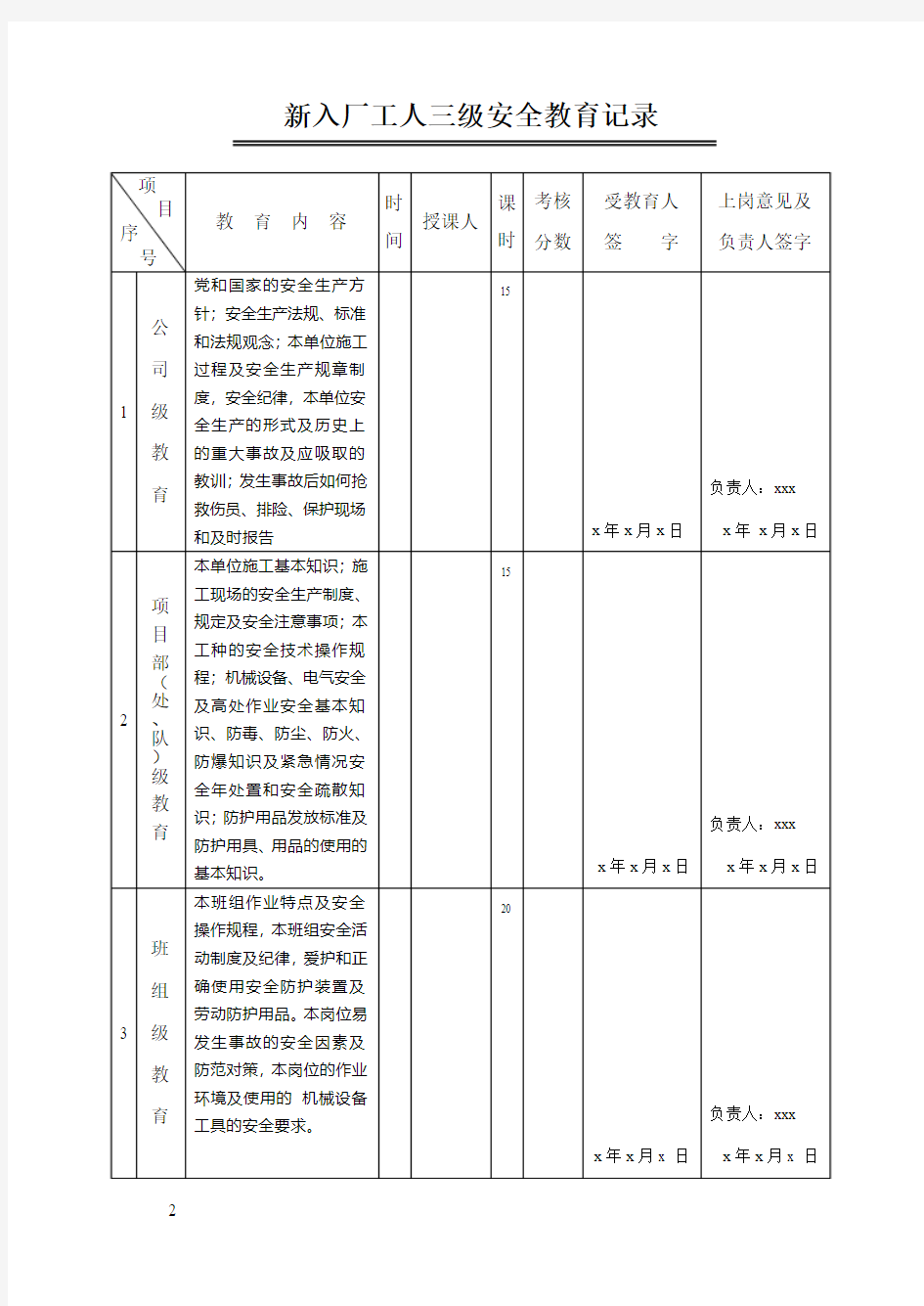 公司新员工安全教育档案