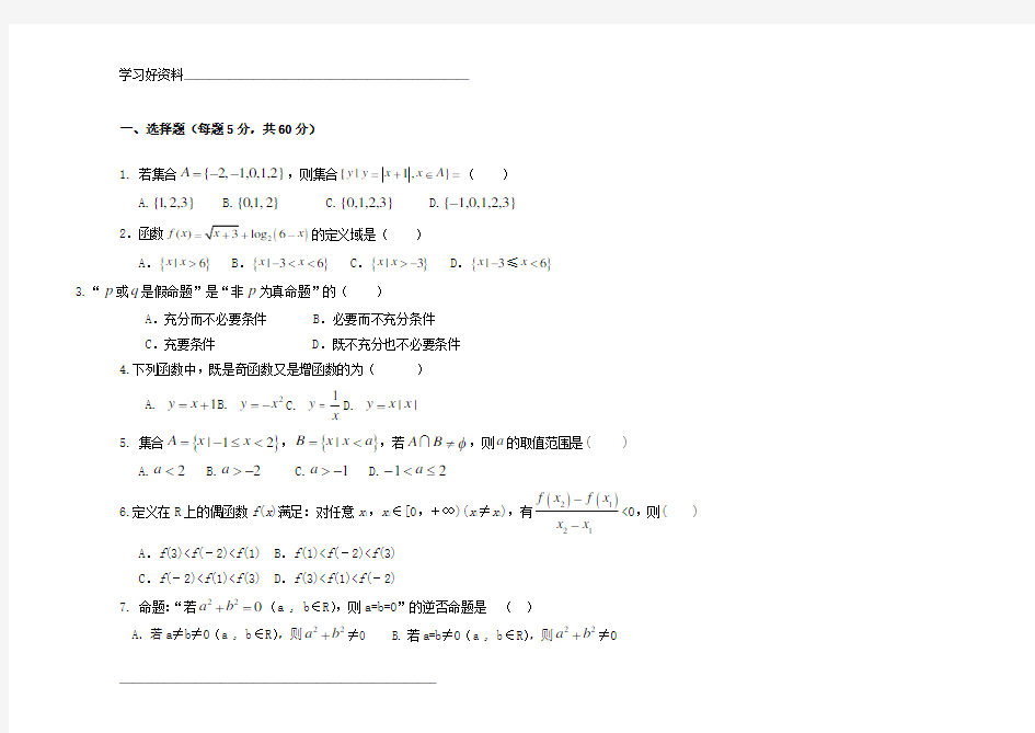 高三文科数学一轮集合、简易逻辑用语与函数测试题