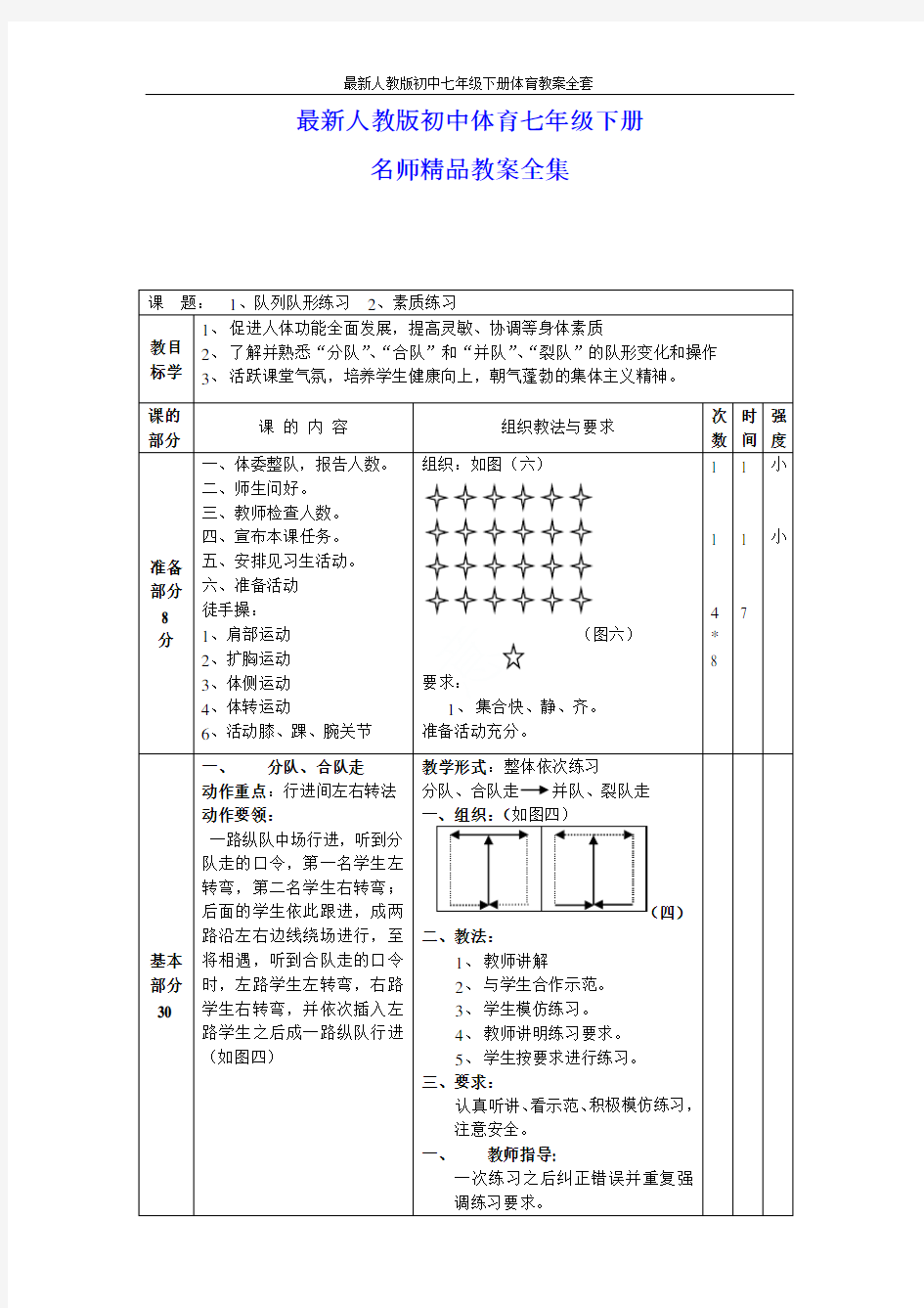 最新人教版初中七年级下册体育教案全套