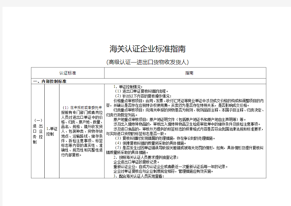 海关认证企业标准指南(高级认证-进出口货物收发货人)