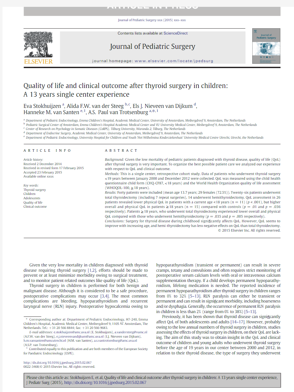 Quality of life and clinical outcome Source J Pediatr Surg SO 2015 Mar 13 [PMIDX25805004]