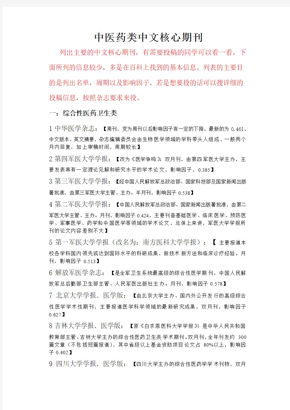 中医药类核心期刊