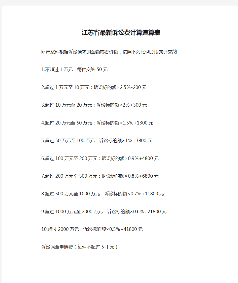 江苏省最新诉讼费计算速算表