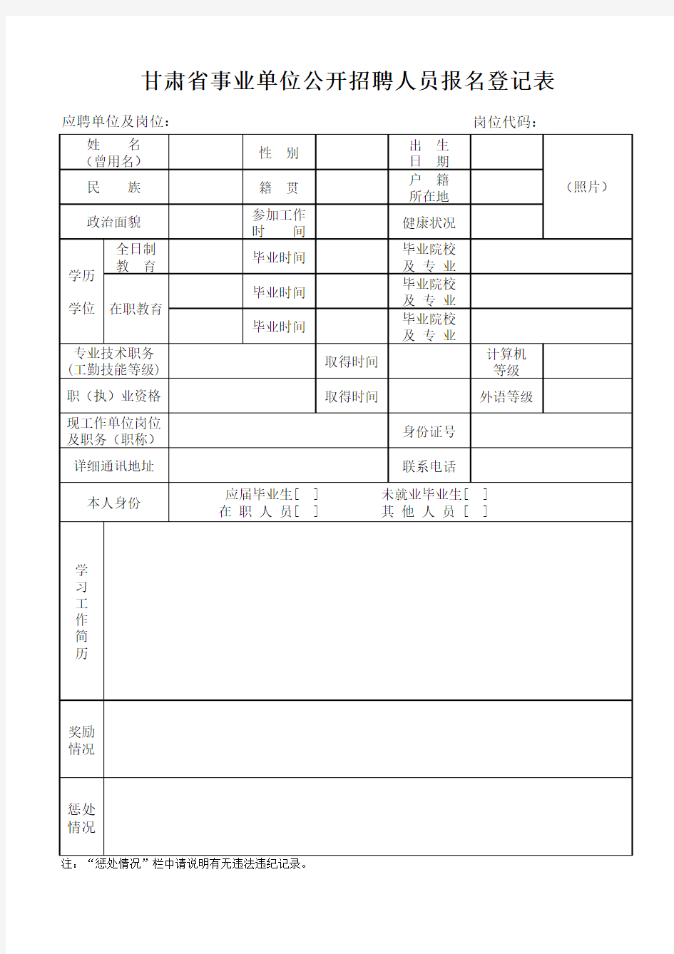 甘肃省事业单位公开招聘人员报名登记表