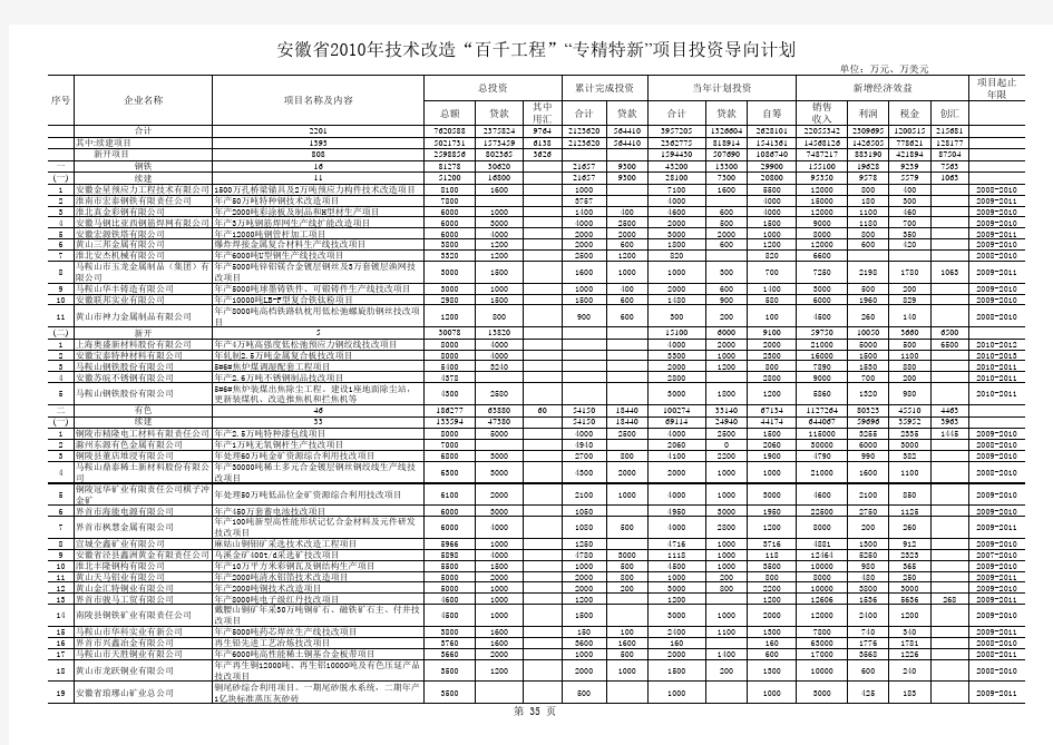 安徽省2010年工业项目投资导向计划(第一批)