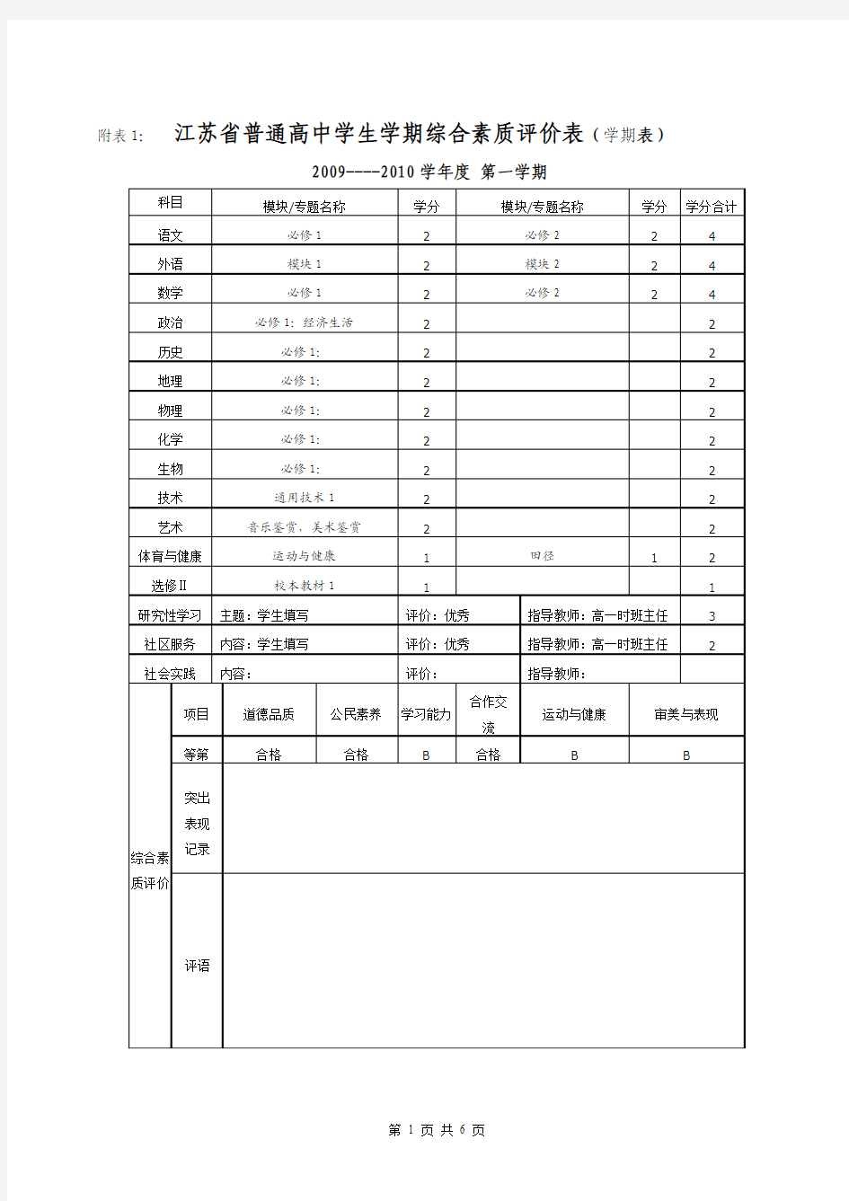 江苏省普通高中学生学期综合素质评价表