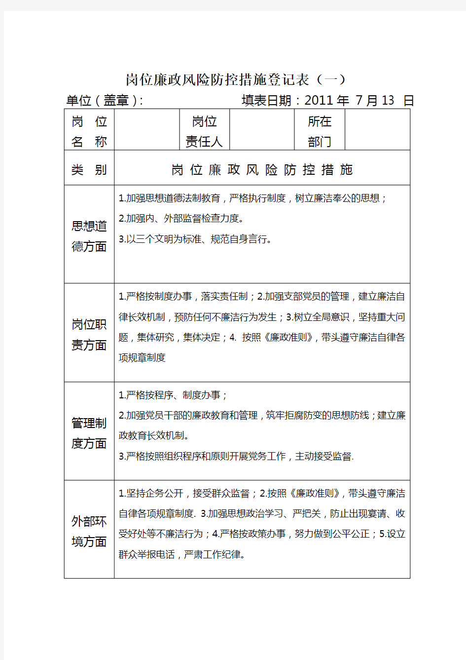 岗位廉政风险防控措施