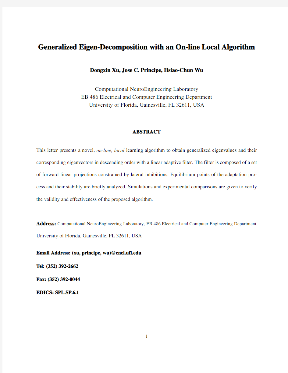 Generalized Eigen-Decomposition with an On-line Local Algorithm