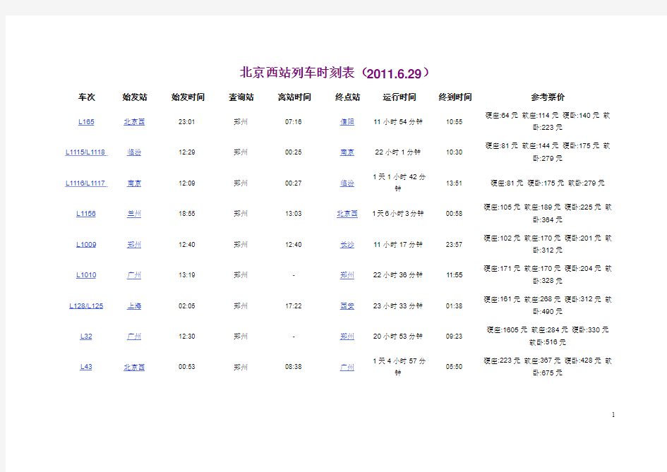 北京西站列车时刻表