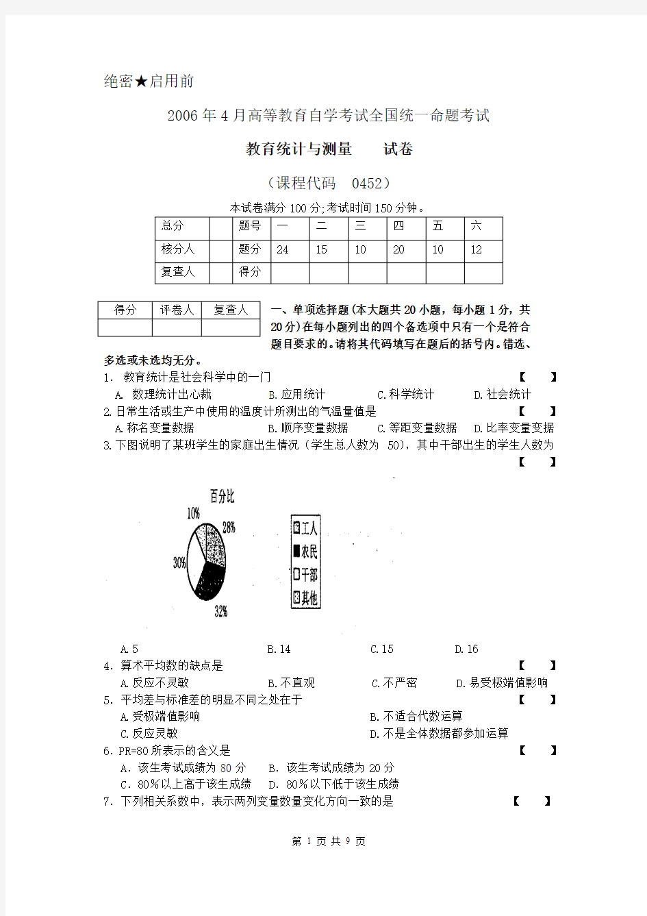 _2006_4 _《教育统计与测量》真题试卷(含答案)