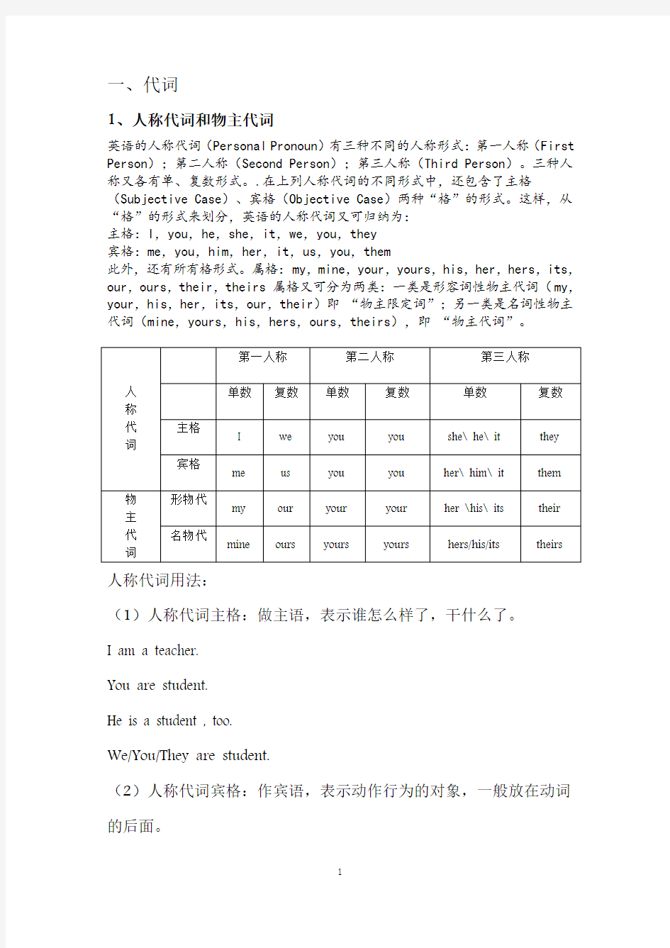 人教版七年级上册英语语法和练习