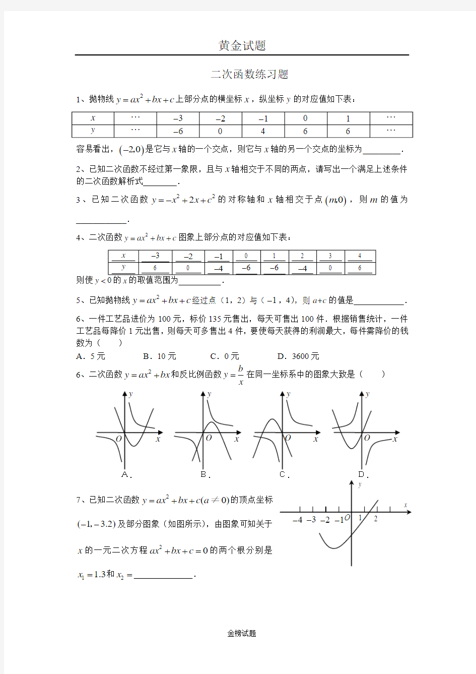 高中：二次函数练习题