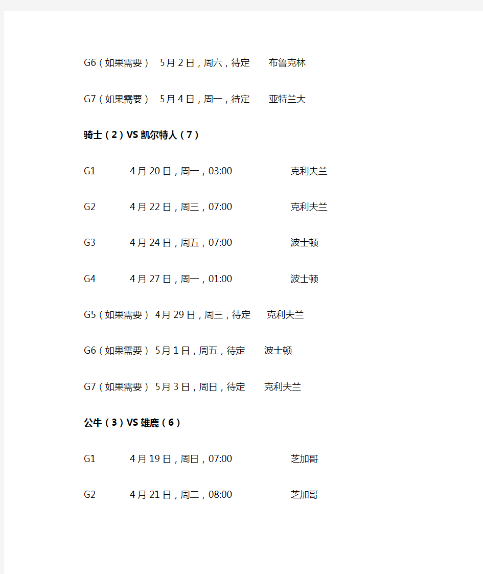 NBA2015赛季东部季后赛首轮赛程时间表