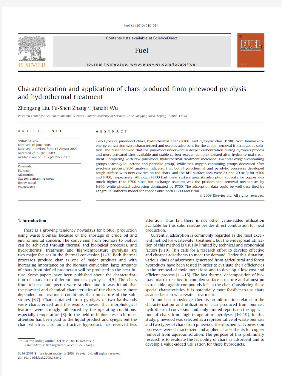 Characterization and application of chars produced from pinewood pyrolysis