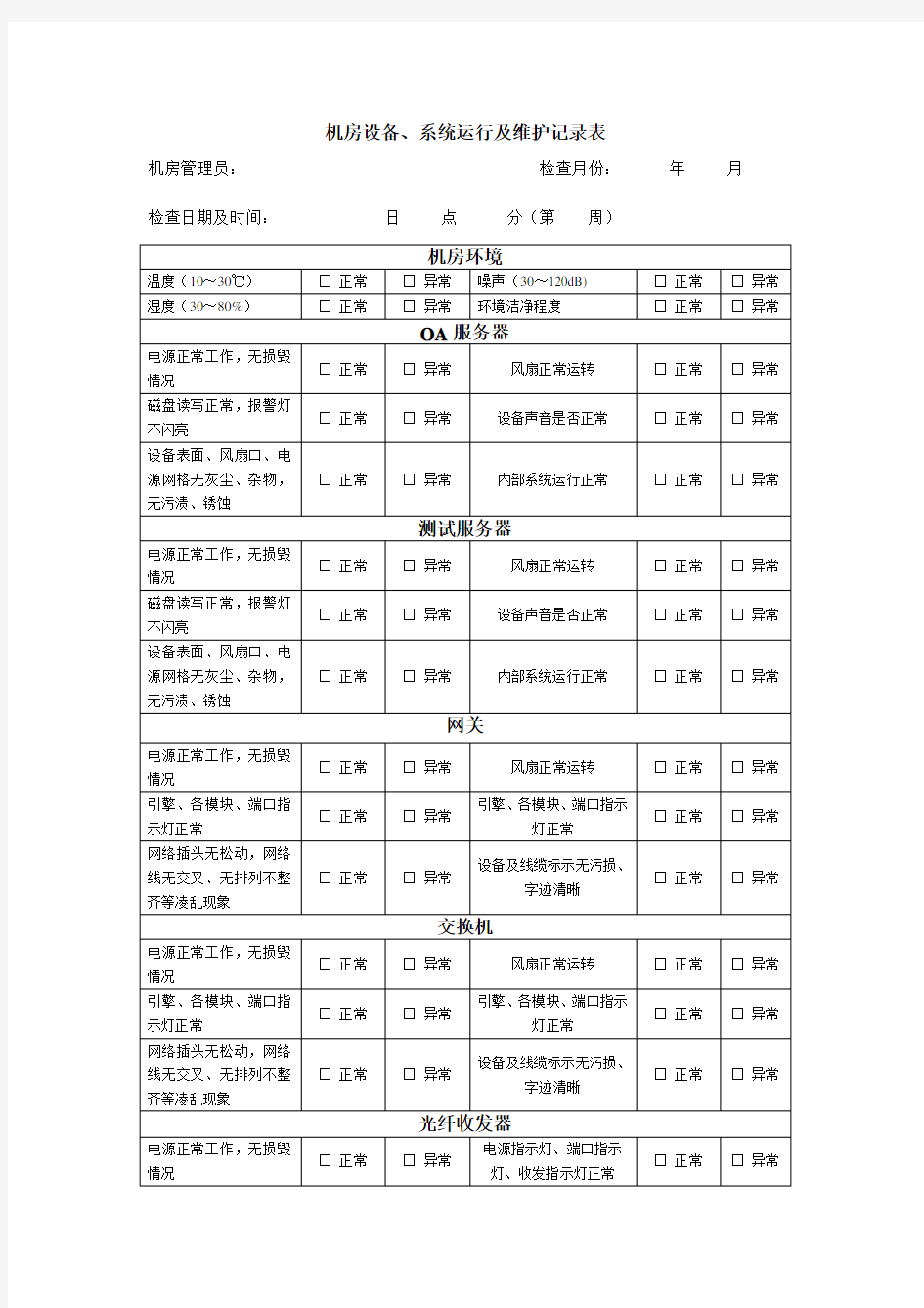 机房设备、系统运行及维护记录表