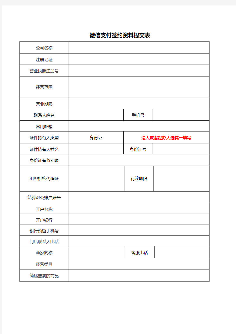 微信支付签约资料提交表