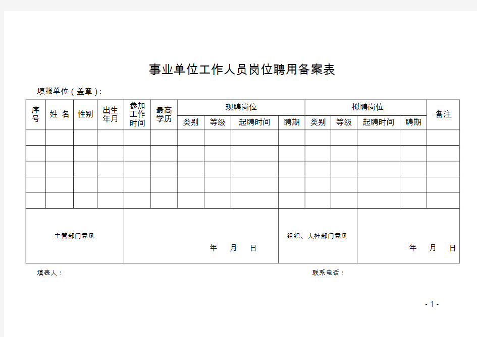 事业单位工作人员岗位聘用备案表