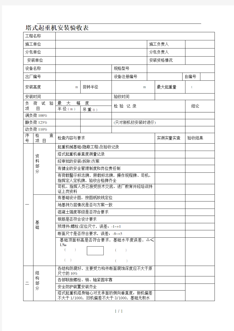 塔式起重机安装验收表汇总