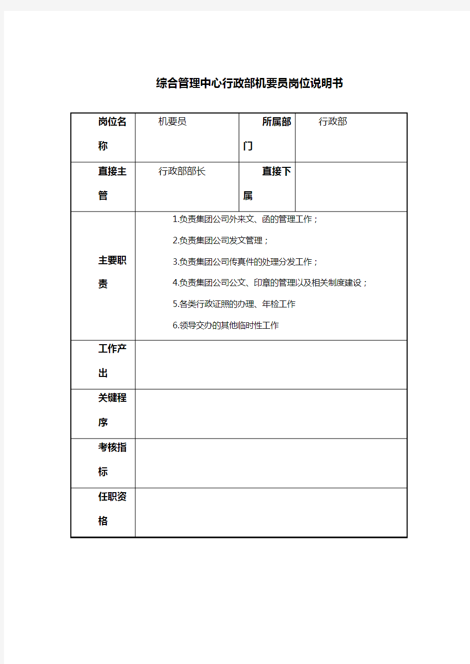 行政部机要员管岗位职责